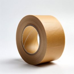 A single roll of tan reinforced gum tape standing on a white background.